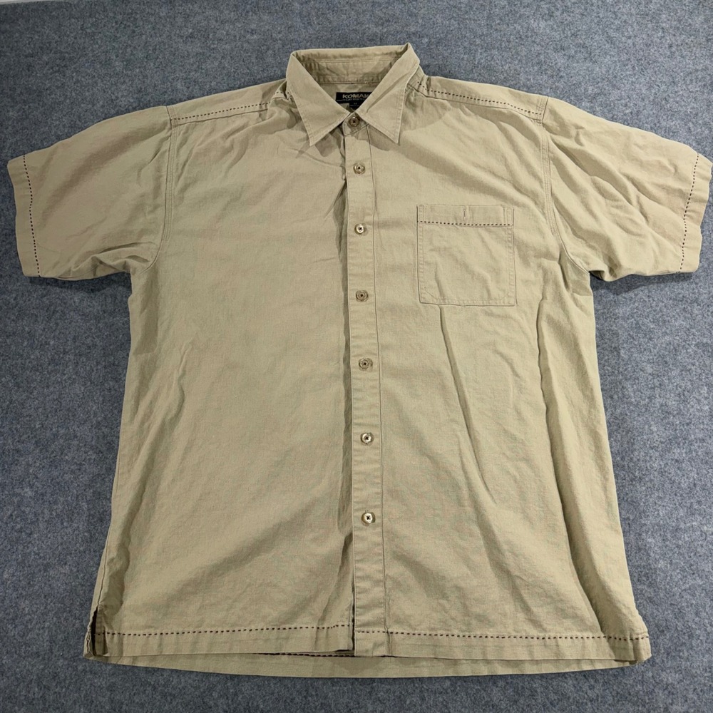 Koman Mens Short Sleeve Button Up Shirt Tan Khaki Pick Stitch Casual Size M